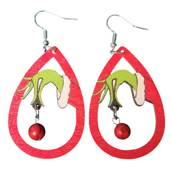 Grinch Earrings Christmas Wooden Teardrop Bead Dangle Pierced Hook Holiday Gift‎ - Picture 2 of 4